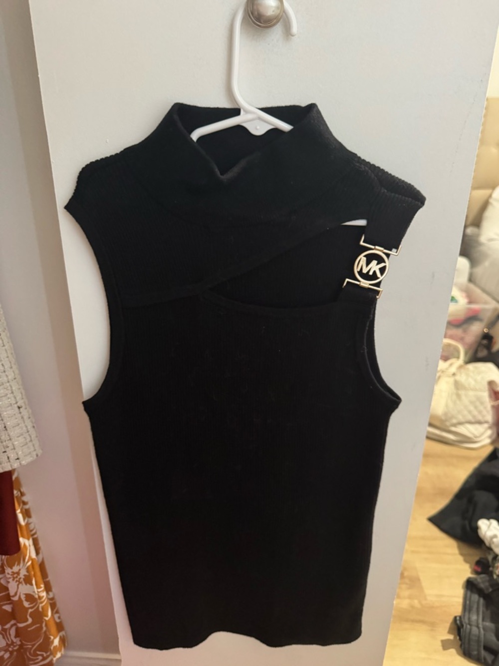 Michael Kors Black Sleeveless Mock Neck Tank with Gold MK Accent